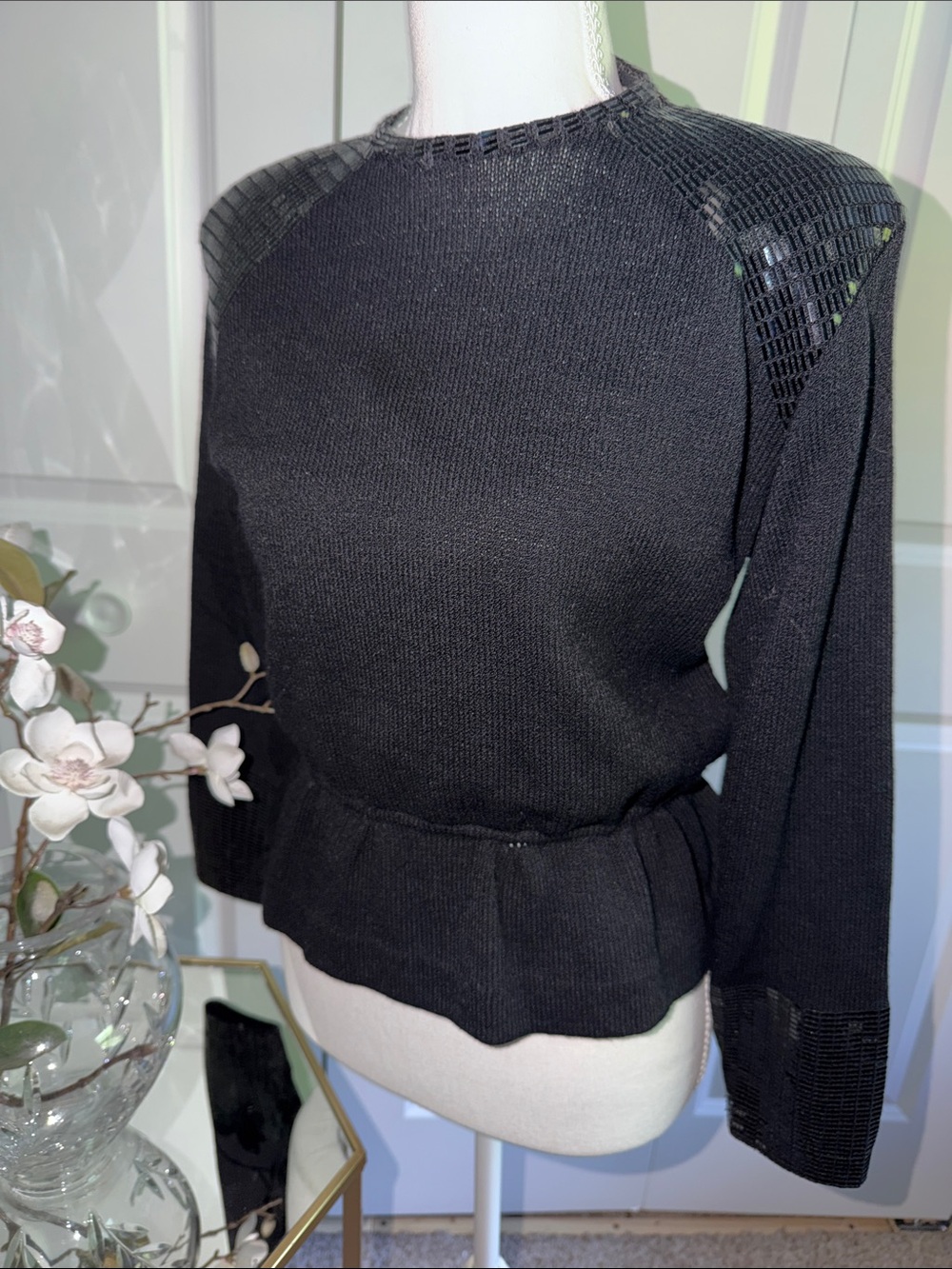 St. John Black Knit Peplum Sweater with Sequined Shoulder Panels